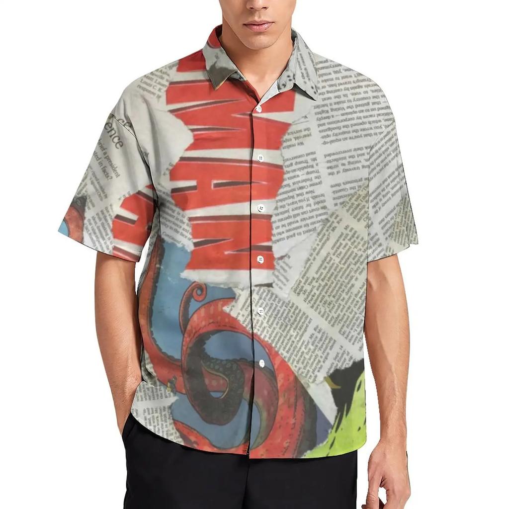 Été Homme Collage Journal 3D Chemise Hawaïenne Homme Revers Décontracté Mode Manches Longues Chemises Bouton Hauts Grande Taille