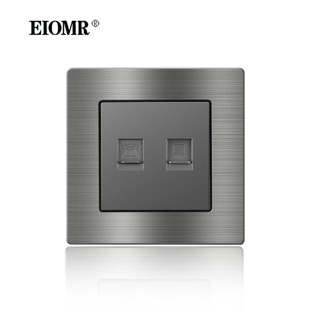 EIOMR France Standard Electrical Socket Grey Aluminum Alloy Panel Light Switch Rj45 Tv 220V 16A Wall Outlets for Home Appliance