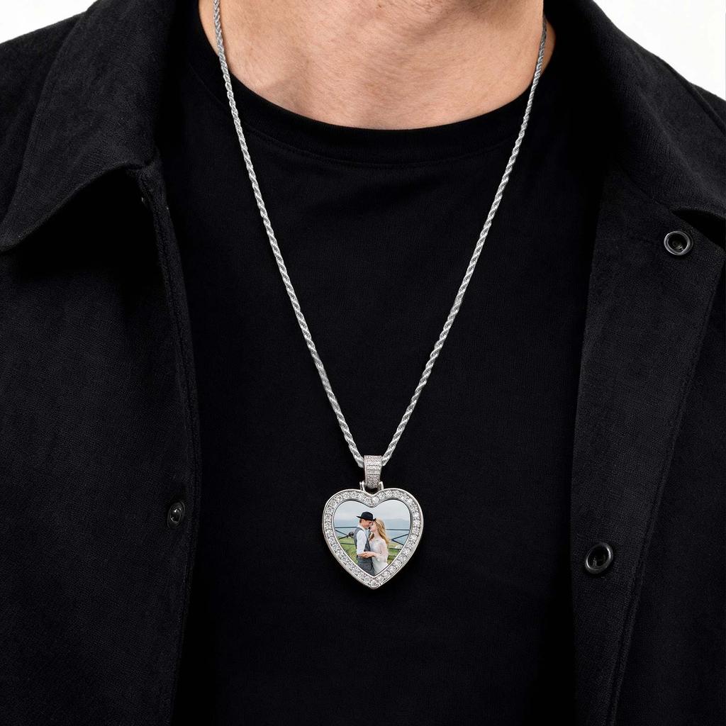 Custom Picture Necklace for Men Women,Hiphop Crystal Zircon Heart Shape Pendant Neckalce,Commemorative Jewelry Gift