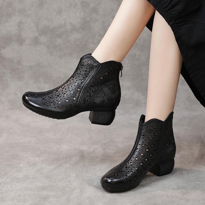 Women's Sandals Leather Retro Hollow Hole Shoes High Heel Thick Heel High Top Fashion Cool Boots Women's Spring and Summer New