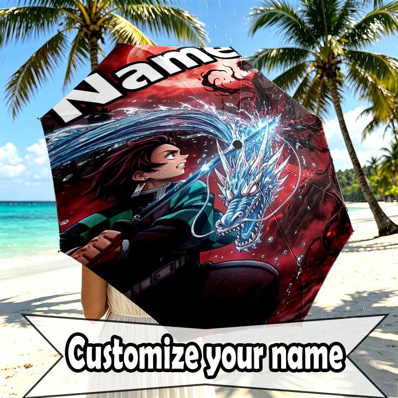Custom Name Personalized Demon Slayer Print Umbrella, Auto Open Close, 8‑Rib Sturdy Frame, Commute Camping Hiking Use, Birthday Gift