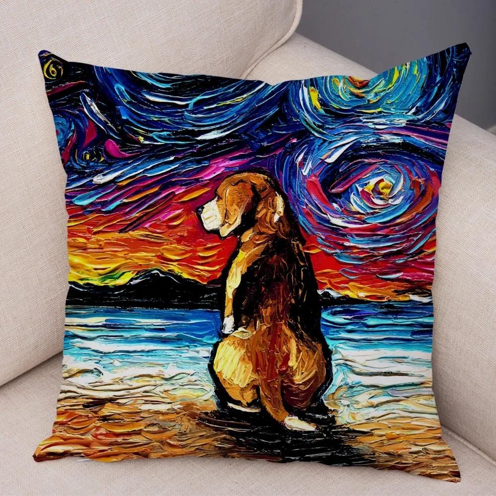 Colorful Oil Painting Pet Animal Pillowcase Starry Sky Art Cartoon Dog Cushion Cover Decorative Sofa