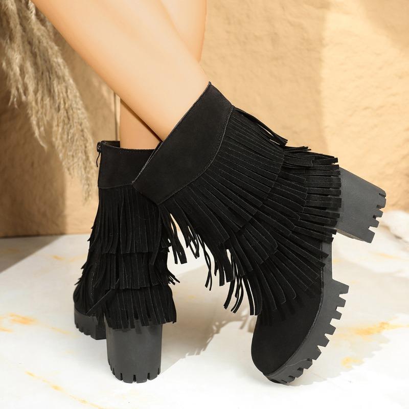 Fashion 2025 New High Quality Sexy Suede Black Tassels Riding Boots Women Winter Side Zipper High Heel Western Fashion Boots