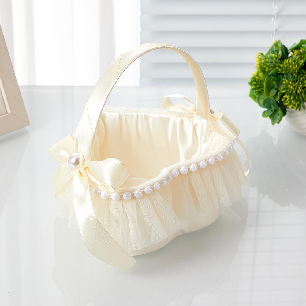 Linen Pearl Flower Basket for Outdoor Wedding - Bridal Handbag or Flower Girl Accessory