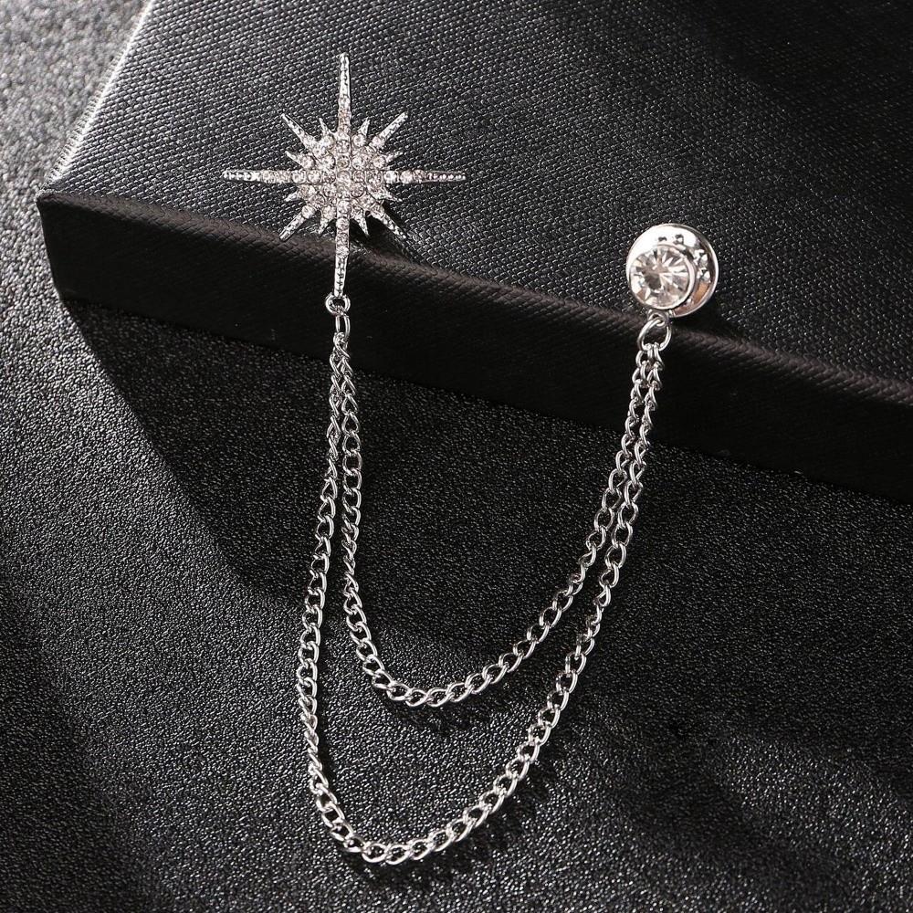 Metal Star Rhinestone Brooches Tassel Chain Crystal Lapel Pins Suit Coat Pin Jewelry Accessories