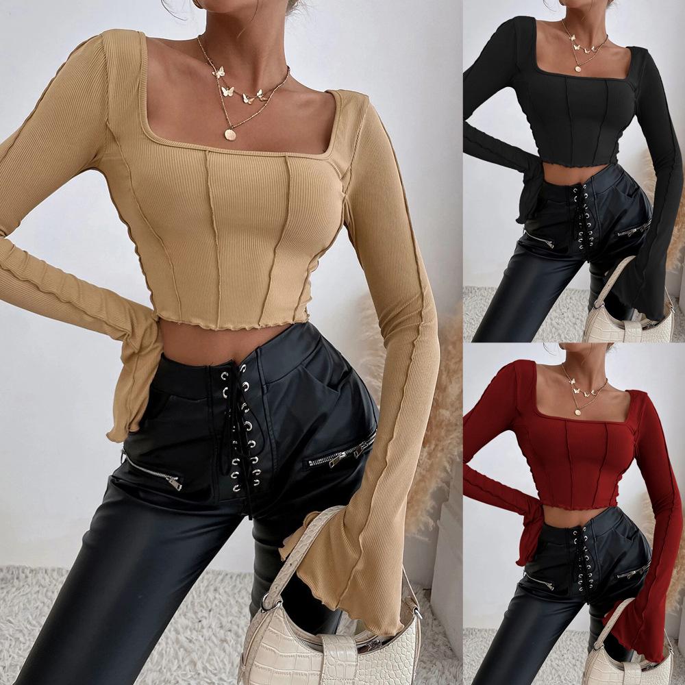 

2024 Spring/Summer Women s Slim-Fit Long-Sleeve Square-Neck Pullover Knitted Top S вино красного