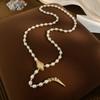 Luxury  Shiny CZ Zircon Snake Animal Style Natural Freshwater Pearl 14K Gold Filled Lady Sweater Chain Necklace Gifts