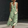 Women Sleeveless V Neck Button Front Maxi Dress Floral Print Linen Cotton Blend Casual Summer Dress with Pockets