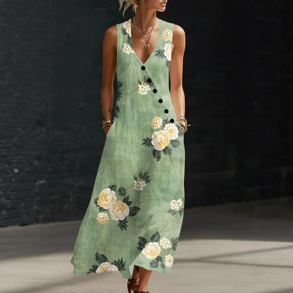 Women Sleeveless V Neck Button Front Maxi Dress Floral Print Linen Cotton Blend Casual Summer Dress with Pockets