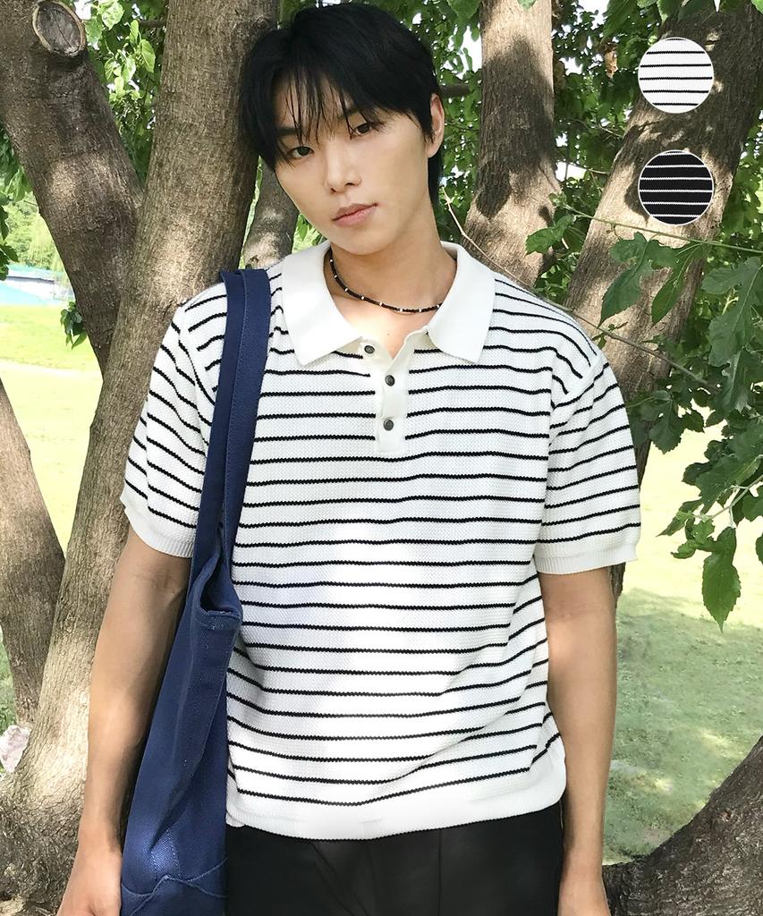 WHOLOVESART Washable Striped Cotton Collared Short Sleeve Knit 2 Colors