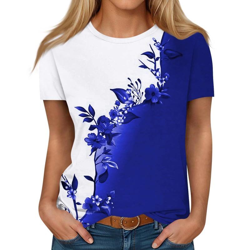 Sommer Mode Floral Color Block Gedruckt Damen Rundhals Kurzarm T-Shirt