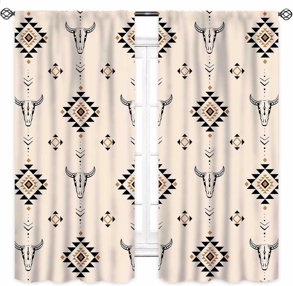 Western Cow Skull Curta,Beige Southwestern Bohemian Geometric Pattern Native Aztec Longhorn Head Cowboy Farmhouse Country