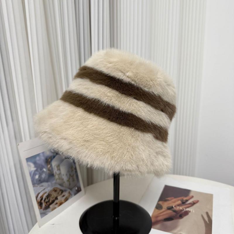 Women S Faux Fur Wide Brim Striped Bucket Hat Winter Warm Hat