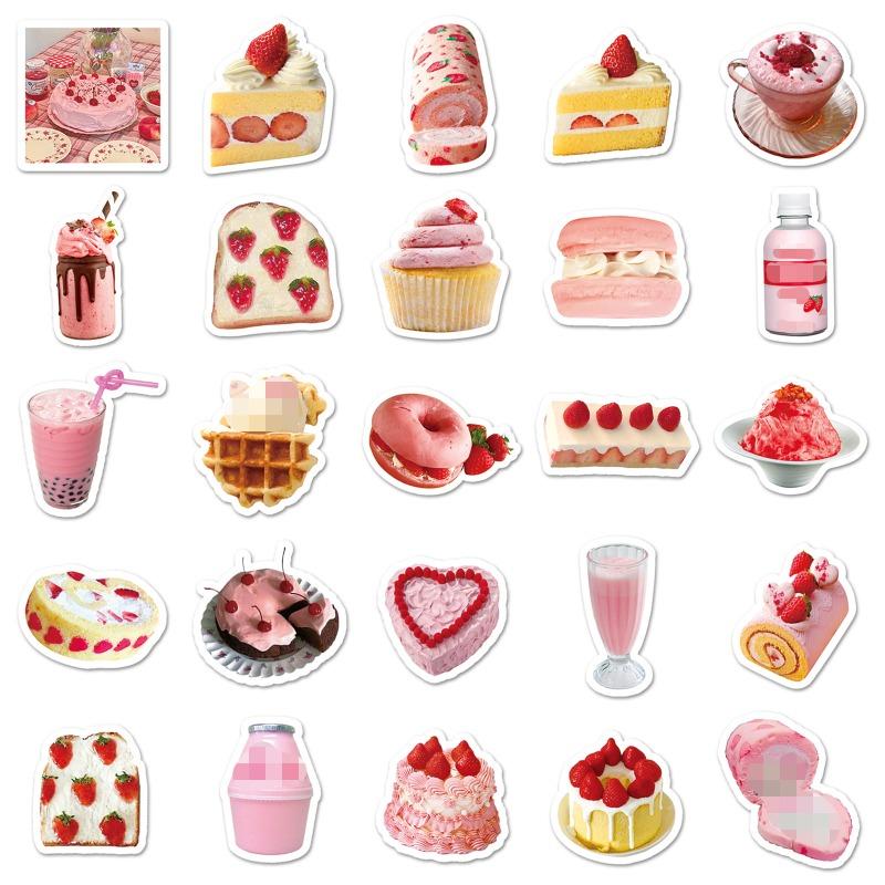50pcs/set Ins Korean Cake Scrapbook Sticker Pink Color Dessert Series Journal Sticker Cute DIY Decor Laptop Stationery Sticker