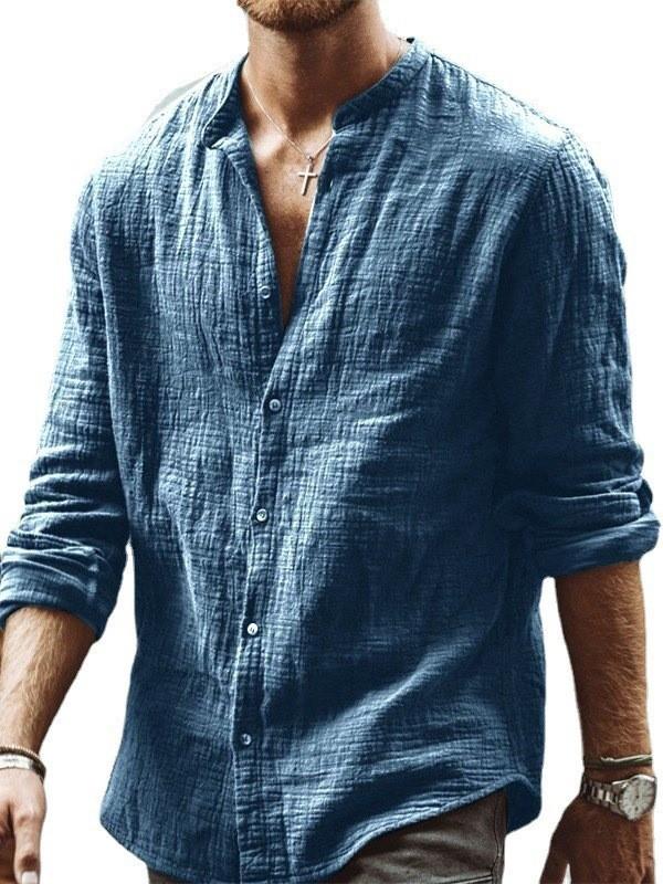 

European and American Men s Autumn New Products Men s Solid Color Casual Stand-up Collar Long-sleeved Shirt Linen Cardigan. XXXL синій
