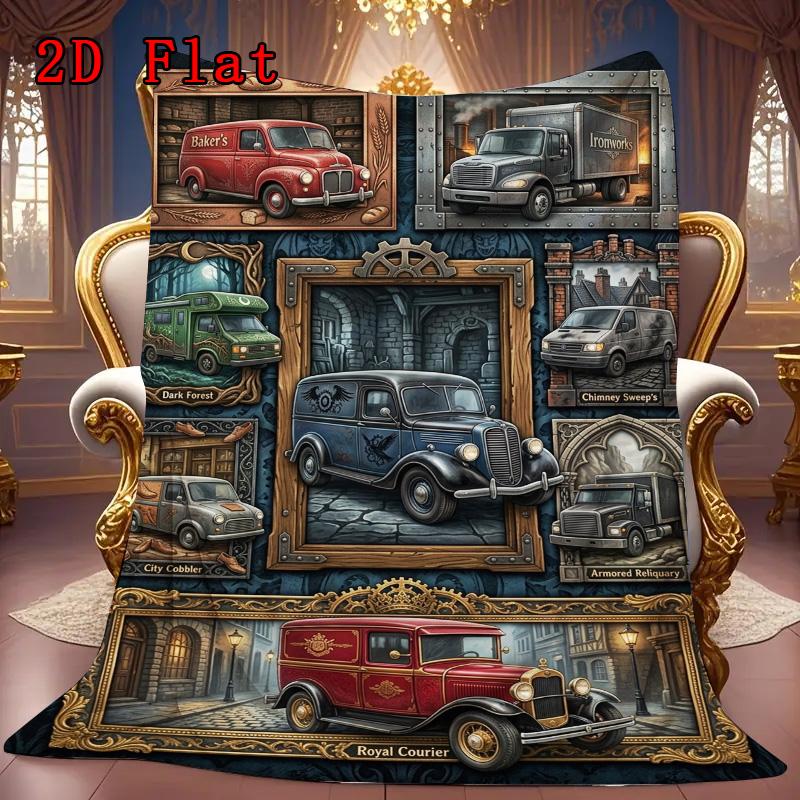 Vintage Delivery Vehicles 2D Flat Pattern Flannel Blanket, High Quality All Seasons, Home Decor, Warmth and Comfort, Perfect for Christmas Gifts.