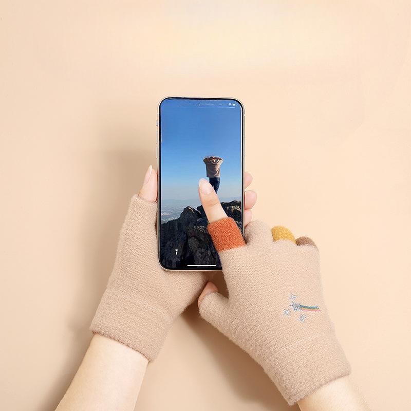 Autumn and Winter Cold Proof Plush Knitted Gloves Imitation Mink Fur Cartoon Women Plus Velvet Warm Half Finger Gloves