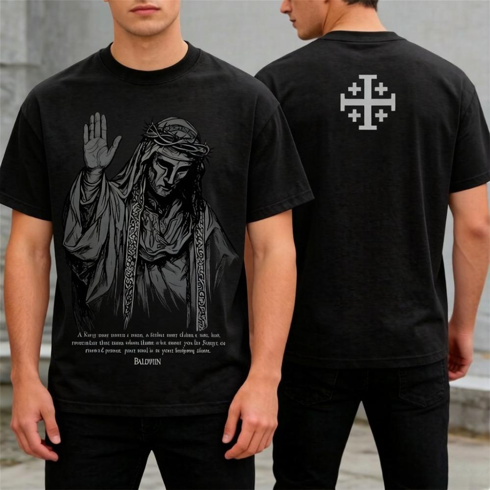 

Summer New Men s Crusader Pattern Printed T Shirt Casual Top, Cotton Short Sleeve Fabric Comfortable Soft XXL чорний
