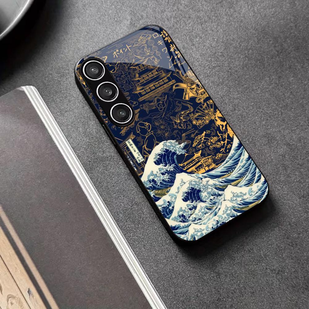 

Metallic paint glass phone case for Samsung Galaxy S26 S25 S24 S23 S22 S21 Ultra Plus FE 5G, Gold Waves art 2D UV printing GalaxyS25