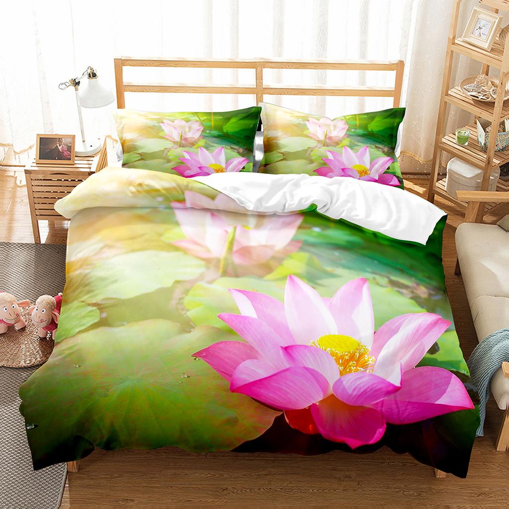 Lotus Flower Duvet Cover Set Lotus Leaf Pattern Polyester Quilt Cover King Full Size For Kids Teens Bedding Set With Pillowcase