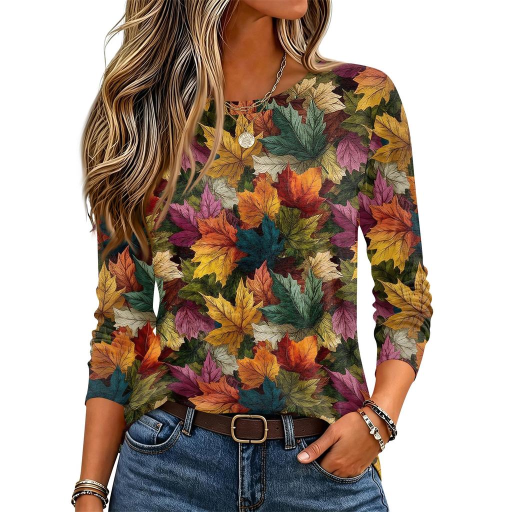 Women's Long Sleeve Neck Pullover Top with Leaf Print for Casual Daily Wear