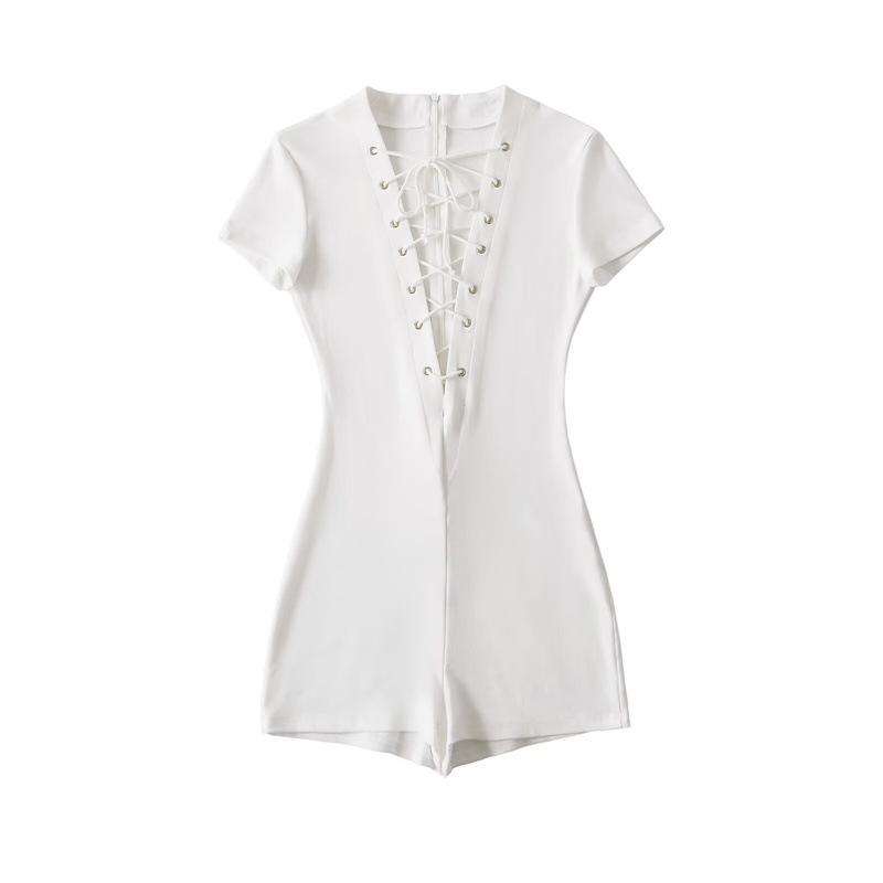 Eleganter Bodysuit mit tiefem V-Ausschnitt, Schnürung und kurzen Ärmeln: Damen Schlankheits-Stretch-Passform