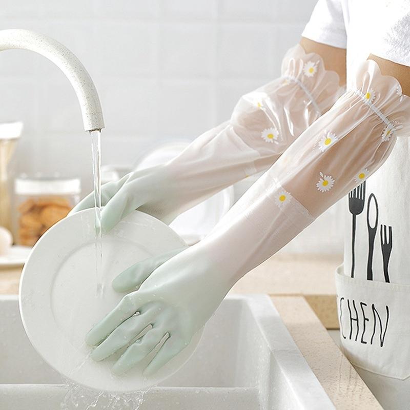 Dishwashing gloves women thickened housework kitchen durable laundry long gloves plus velvet rubber