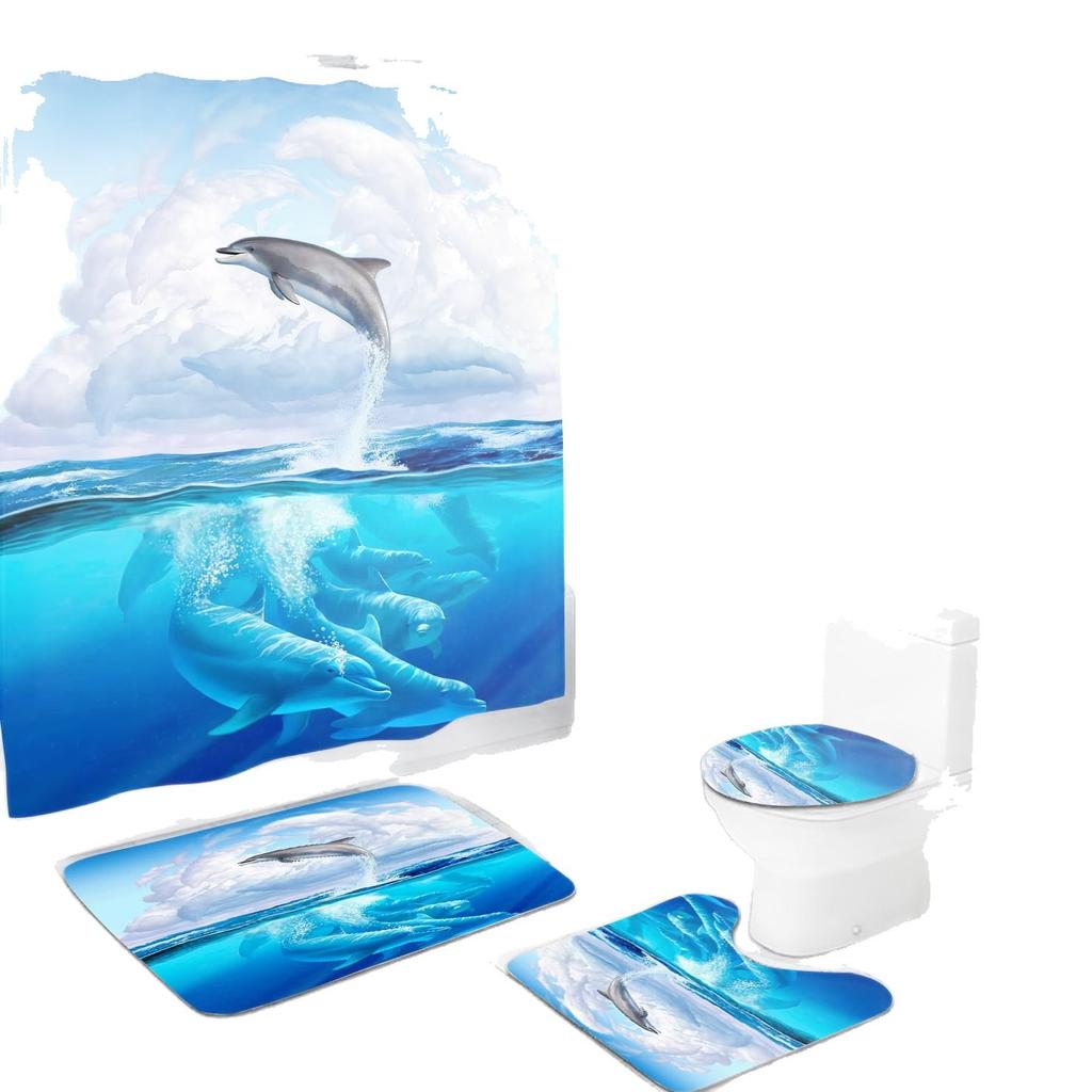 Digital Printing Shower Curtain Forest Moonlight Natural Scenery Map Bathroom Non-Slip Mat U-Shaped Mat And Shower Curtain Set