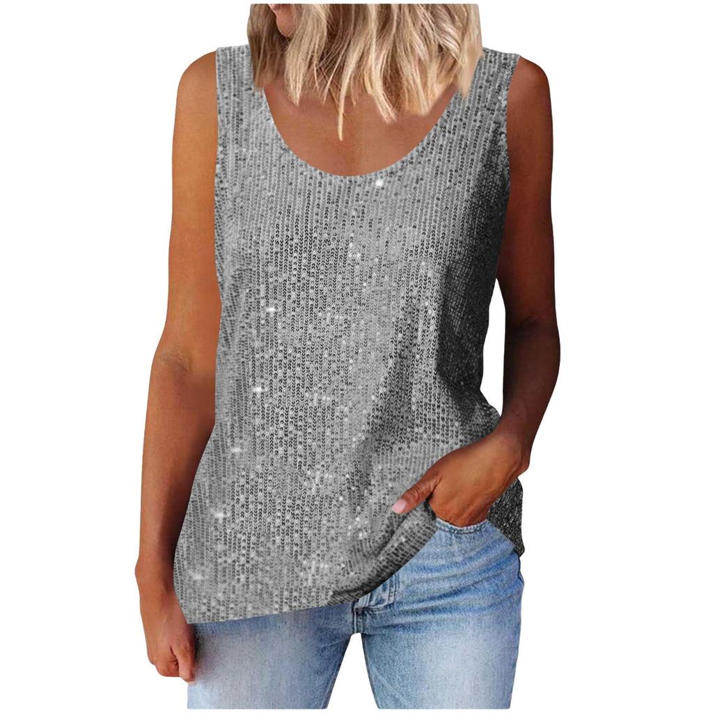 Women's Top, Commuting Sequins, Loose Fitting, Round Neck Vest, Comfortable and Casual