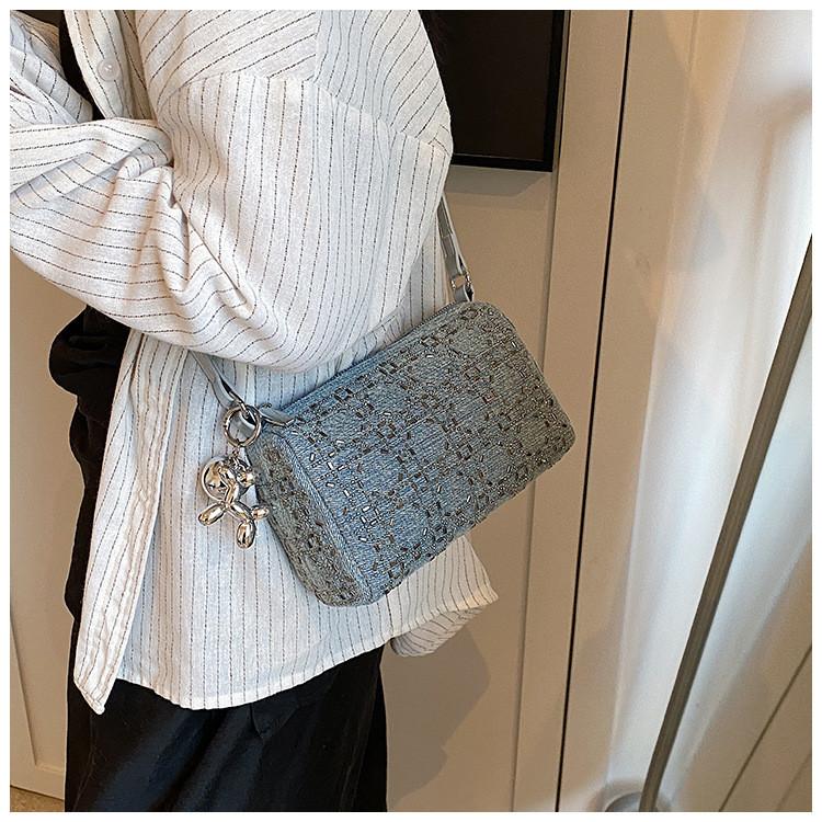IELGY Small Square Bag Retro Rhinestone Denim Bag Shoulder Messenger Pillow Bag