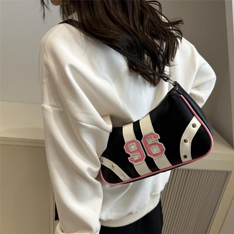 Y2K 96 Number Print Shoulder Bag, Retro Sporty Striped Purse Handbag, Casual Armpit Bag with Studded Detail for Women Daily Use