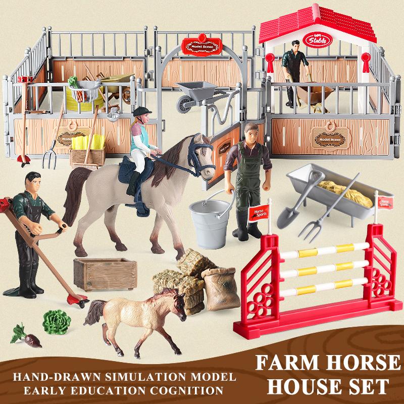 Oenux Farm Model Rider House Horse Stable Equestrian Fencing Action Figures Animals Set Figurine Early Education Kid Toy Gift