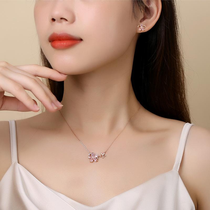Japan and Korea S925 Sakura Necklace for Women, Fashionable Peach Blossom New Fresh Set Necklace, Light Luxury Jewelry