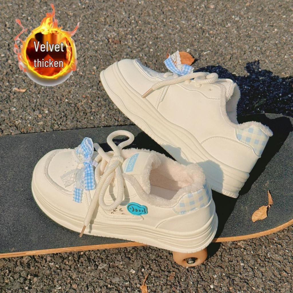 Versatile Children's Winter Plus Velvet Cat-Design Casual Warm Sneakers - White, Women's Sports Flat Shoes