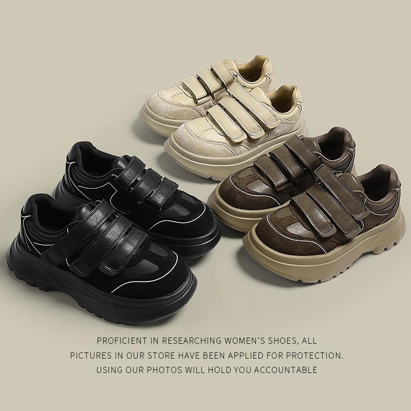 Three Retro Leather Velcro Board Shoes Women'S Shoes Autumn And Winter Versatile Muffin Platform Casual Trendy Shoes