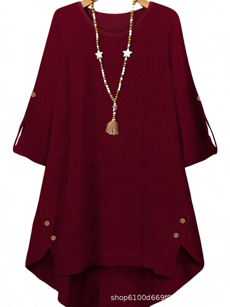 Spring-Summer Plus Size Casual Solid Color Long Top - Comfortable European American Style