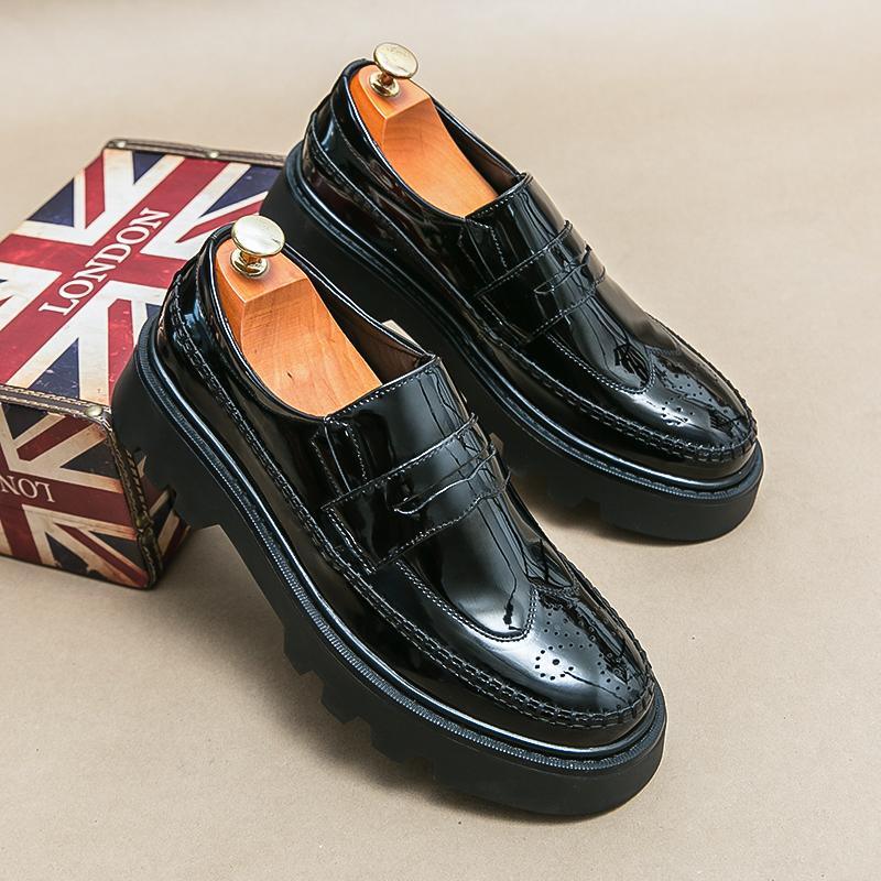 Fashion New Black Patent Leather Loafers Platform Men Shoes Round Toe Solid Slip-On Size 38-44 Mens Shoes
