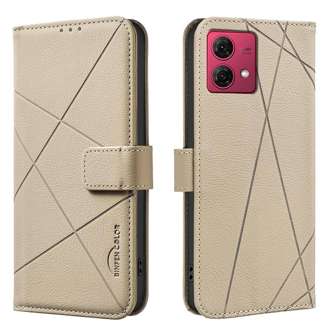 

For Motorola Moto G84 5G Case BINFEN COLOR BF35 Geometry Imprinted Leather Phone Cover RFID Blocking Wallet Stand Beige