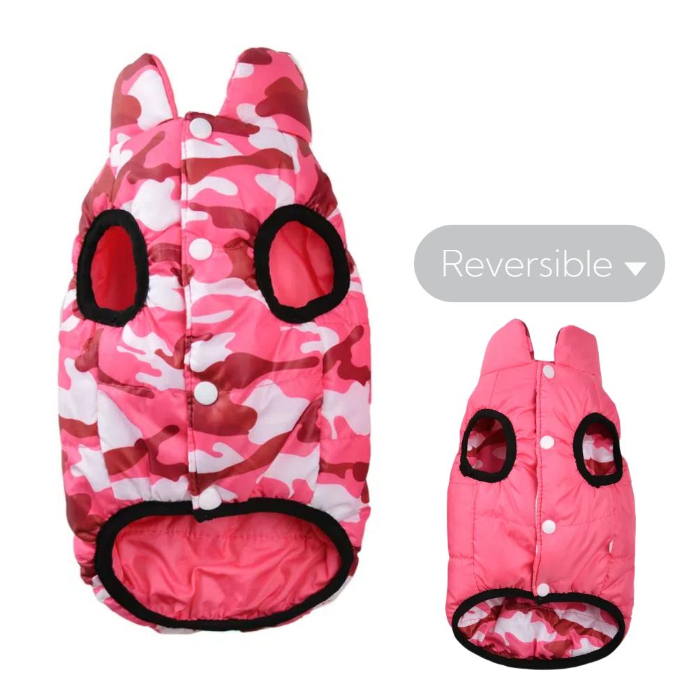 

Camouflage Print Dog Clothes For Small Medium Dogs Winter Warm Reversible Pet Jacket With Leash Hole Windproof Yorkshire Coat XS розовый