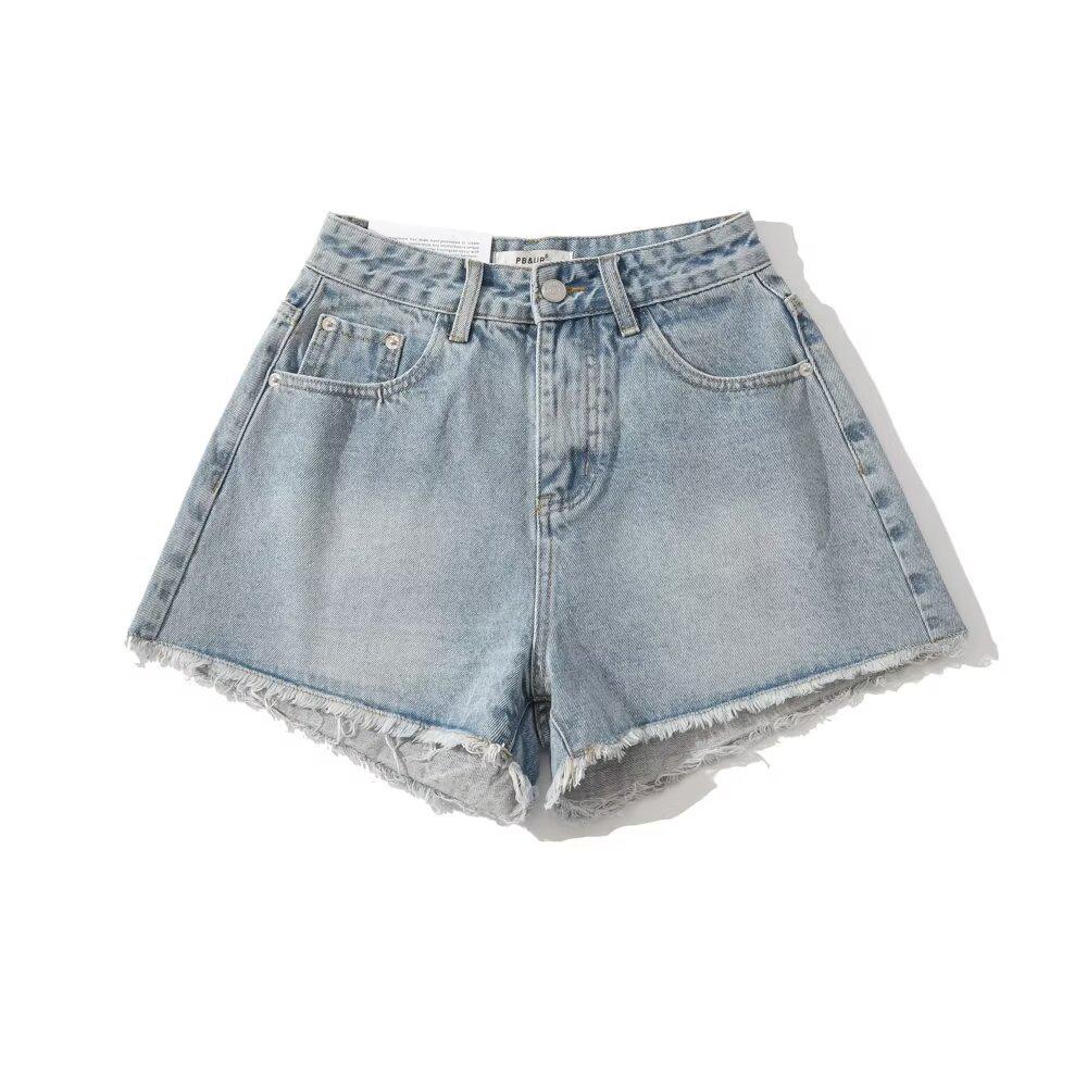 

2025 Spring Women s Raw Edge Sexy Slim-Fit Washed Denim Shorts Medium синий