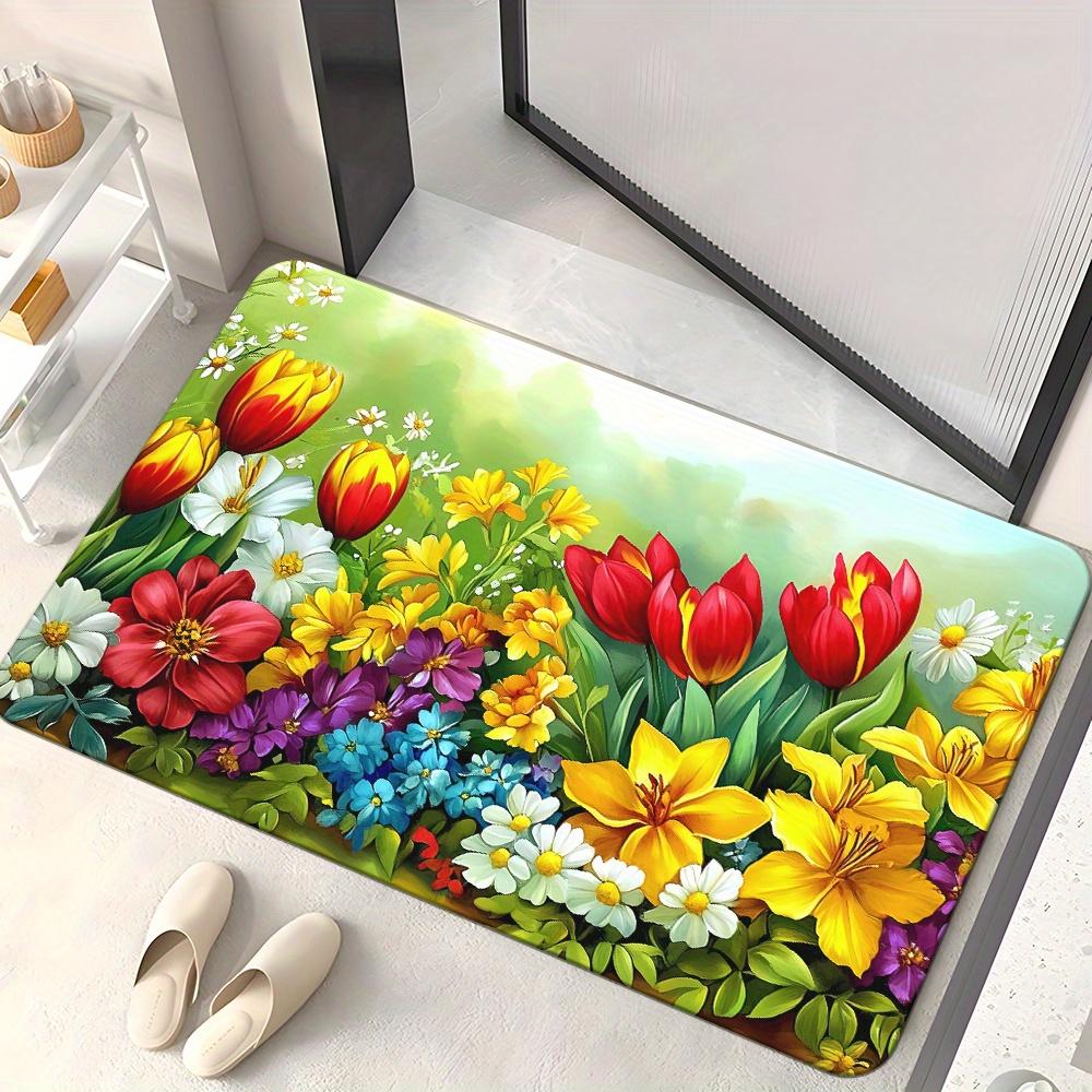 1pc 2D Flat Colorful Tulips Spring Garden Flowers Flannel Bath Mat Non Slip Nature Decor Rug For Bathroom Floor