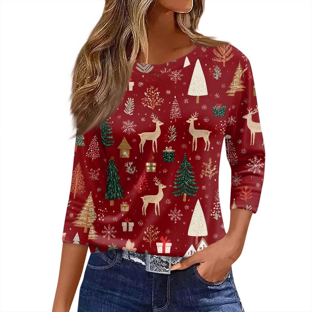 Women's T Shirt Christmas Print 3/4 Sleeve Daily Weekend Fashion Basic Round Neck Regular Top