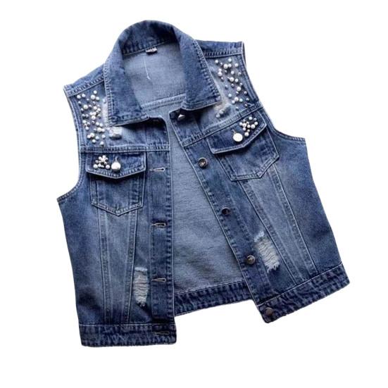 Lapel Sleeveless Single Breasted Flap Pockets Beads Decor Women Waistcoat Solid Color Ripped