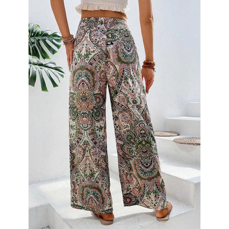 Summer New Fashion Printed Elastic Waist Wide Leg Pants Women Vintage Vacation Beach Pants Casual Woman Simple Thin Office Ladies Long Trousers 25783