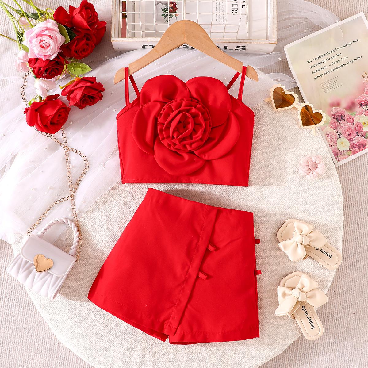 

2025 Girls 3D Applique Camisole & Skort Set - Solid Color, Summer Casual Vacation Outfit 6-7Y