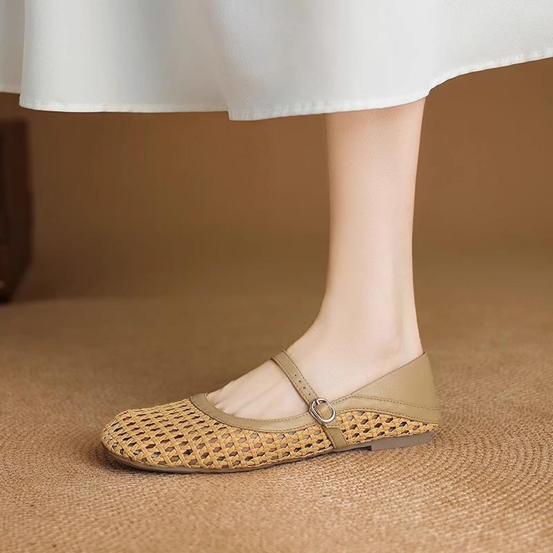 French woven hollow breathable flat-soled single shoes literary sweet hole shoes with soft leather soft-soled Mary Jane sandals
