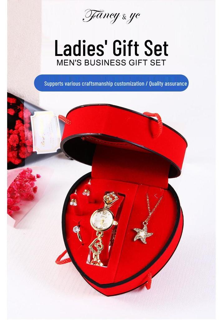 Heart-Shaped Diamond Watch & Necklace Set - Stainless Steel Gift Box for Teacher's Day or Holiday Gift for Girlfriend