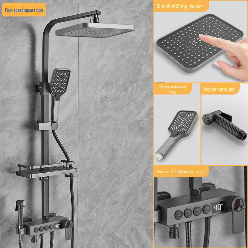 

Термостатический душевой гарнитур из нержавеющей стали серого цвета с тропическим душем и функцией усилителя