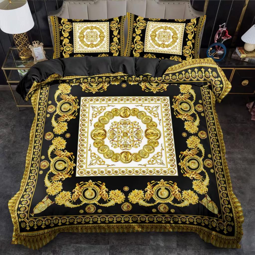 3-teiliges Luxus-Bettwäsche-Set mit goldenem geometrischem Druck, Barock-Bettbezug-Set für Zuhause, Studentenwohnheim-Dekoration, Einzel-, King-, Queen-Größe 228x228