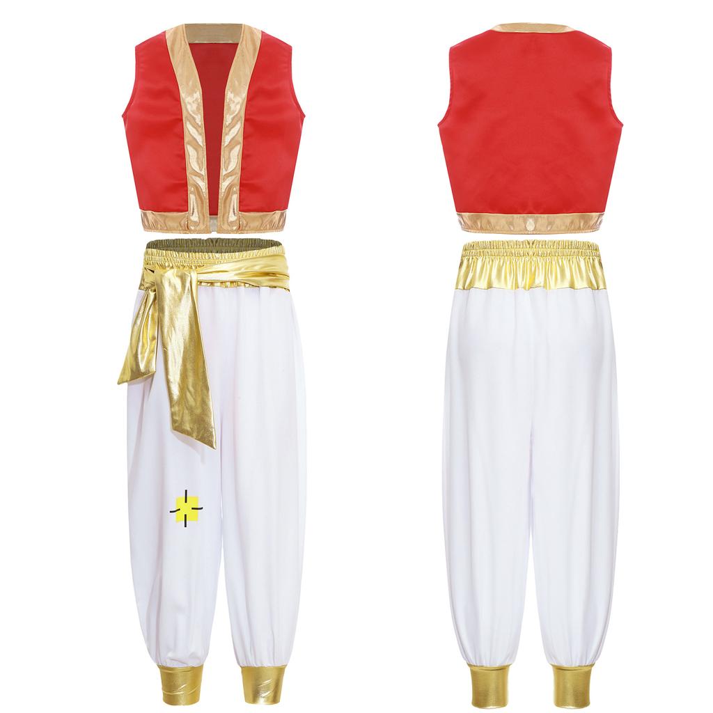 Jungen Arabischer Aladin Prinz Cosplay Party Kostüm Orientalischer Indischer König Rollenspiel Verkleidungs Outfits Lockere Weste Und Hosen Set